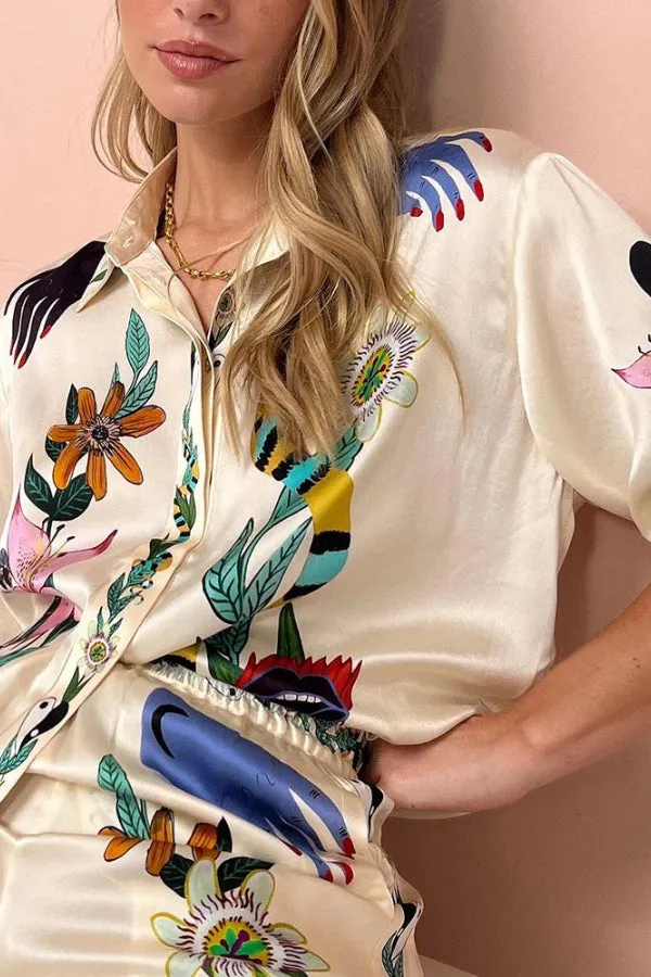 Flower jungle print casual two-piece set