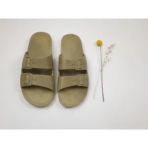 Freedom Moses olive green plastic slide on shoes with faux buckles size 38/39