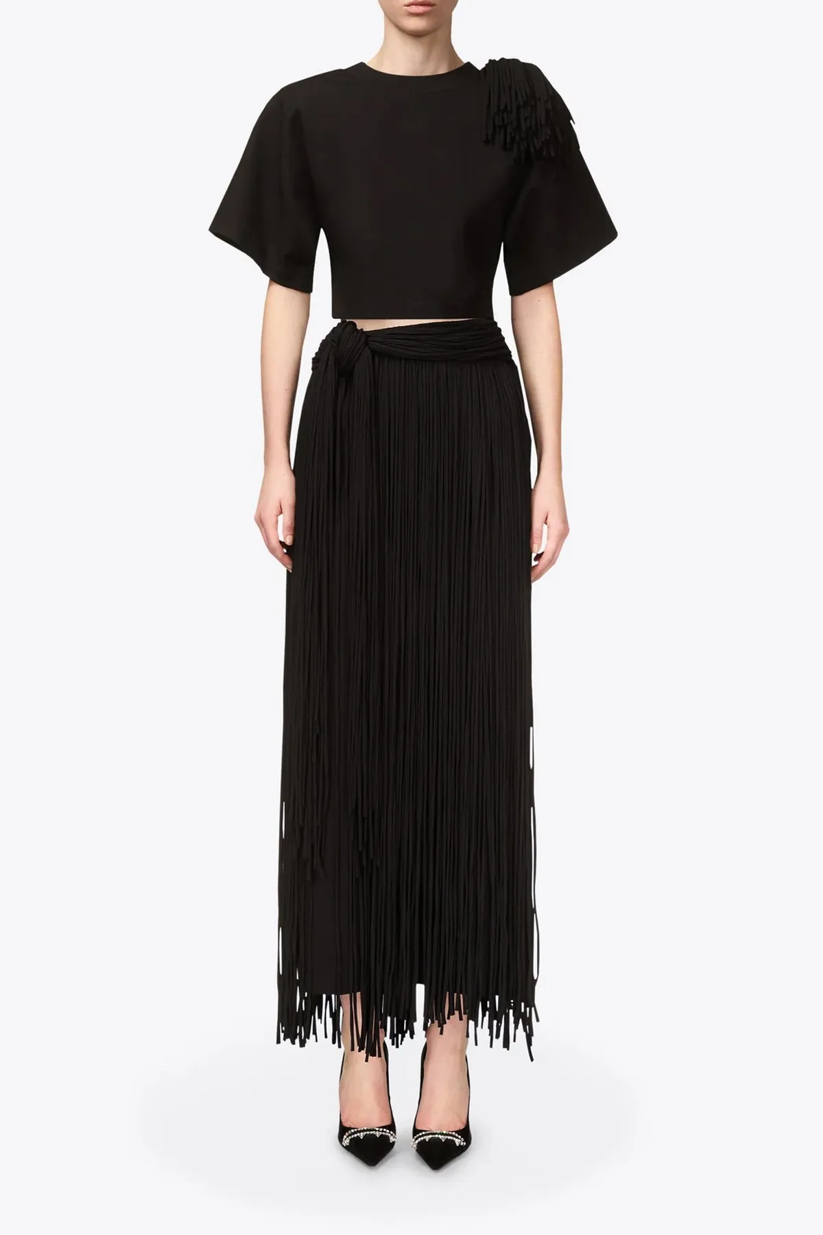 Fringe Midi Skirt in Black