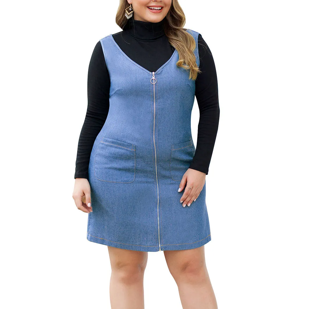Front and Rear V-neck Sleeveless Zipper Waist Pocket Large Size Women's Denim Skirt