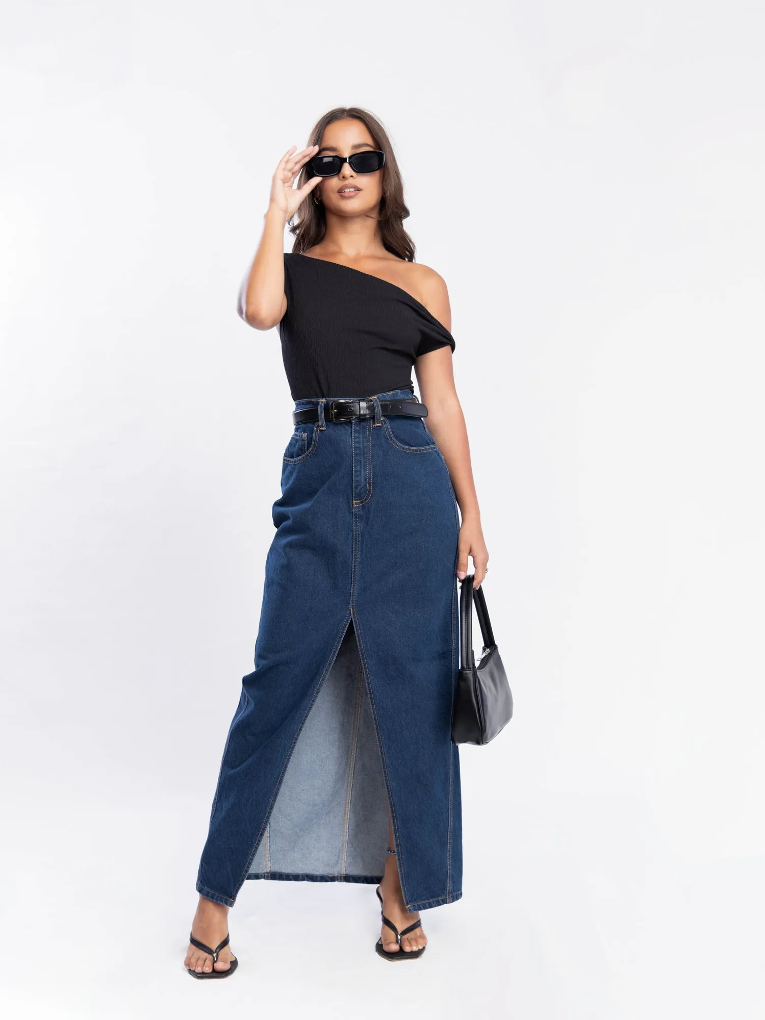 Front Slit Denim Maxi Skirt