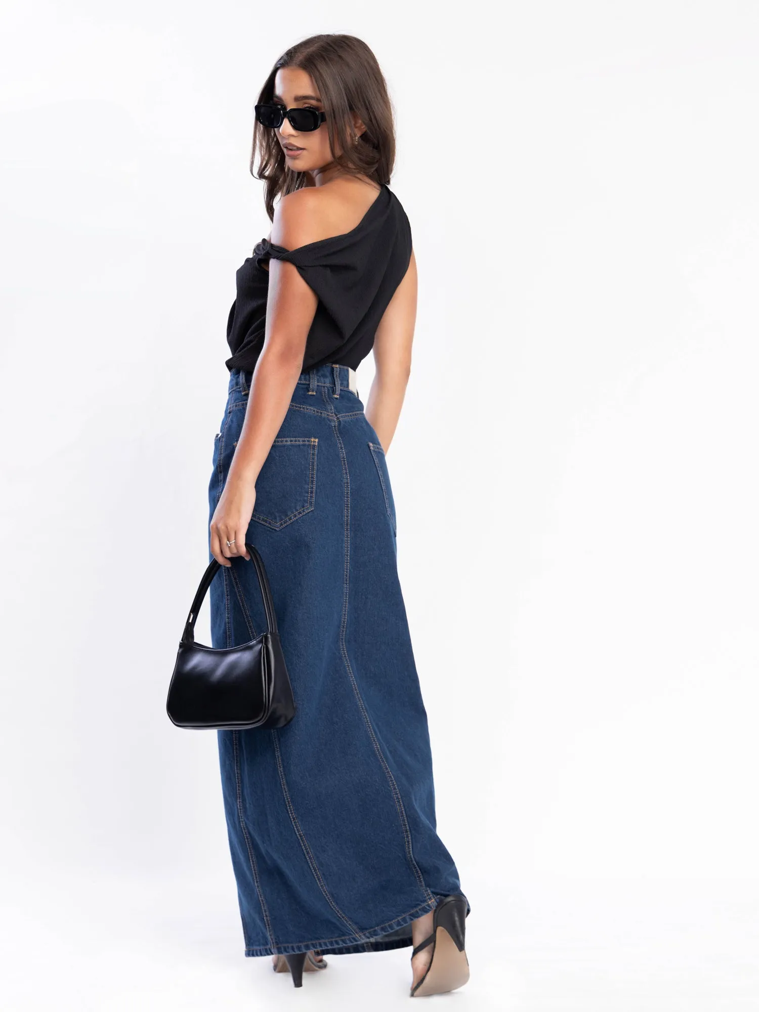 Front Slit Denim Maxi Skirt