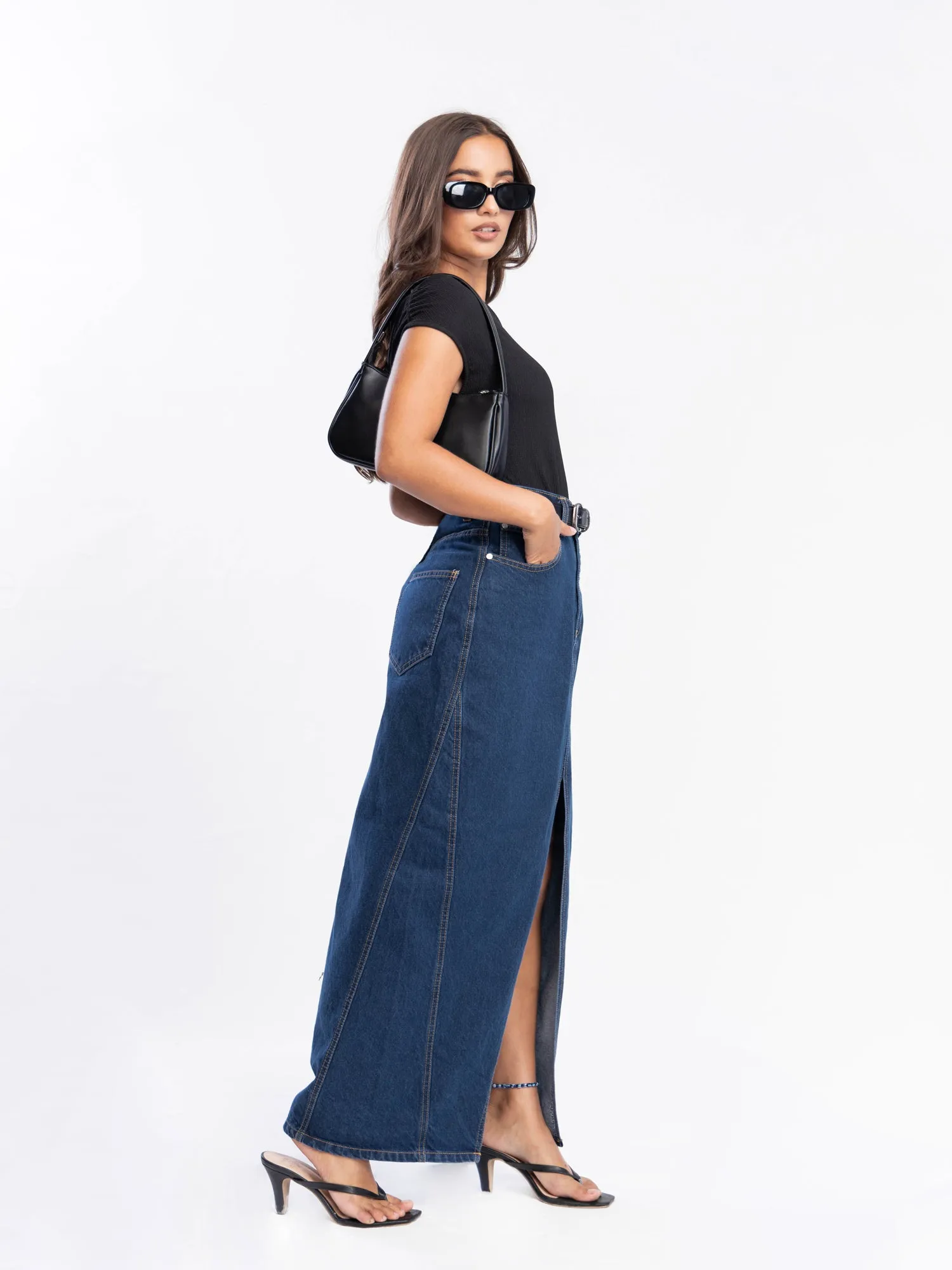 Front Slit Denim Maxi Skirt