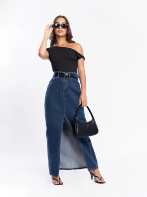 Front Slit Denim Maxi Skirt