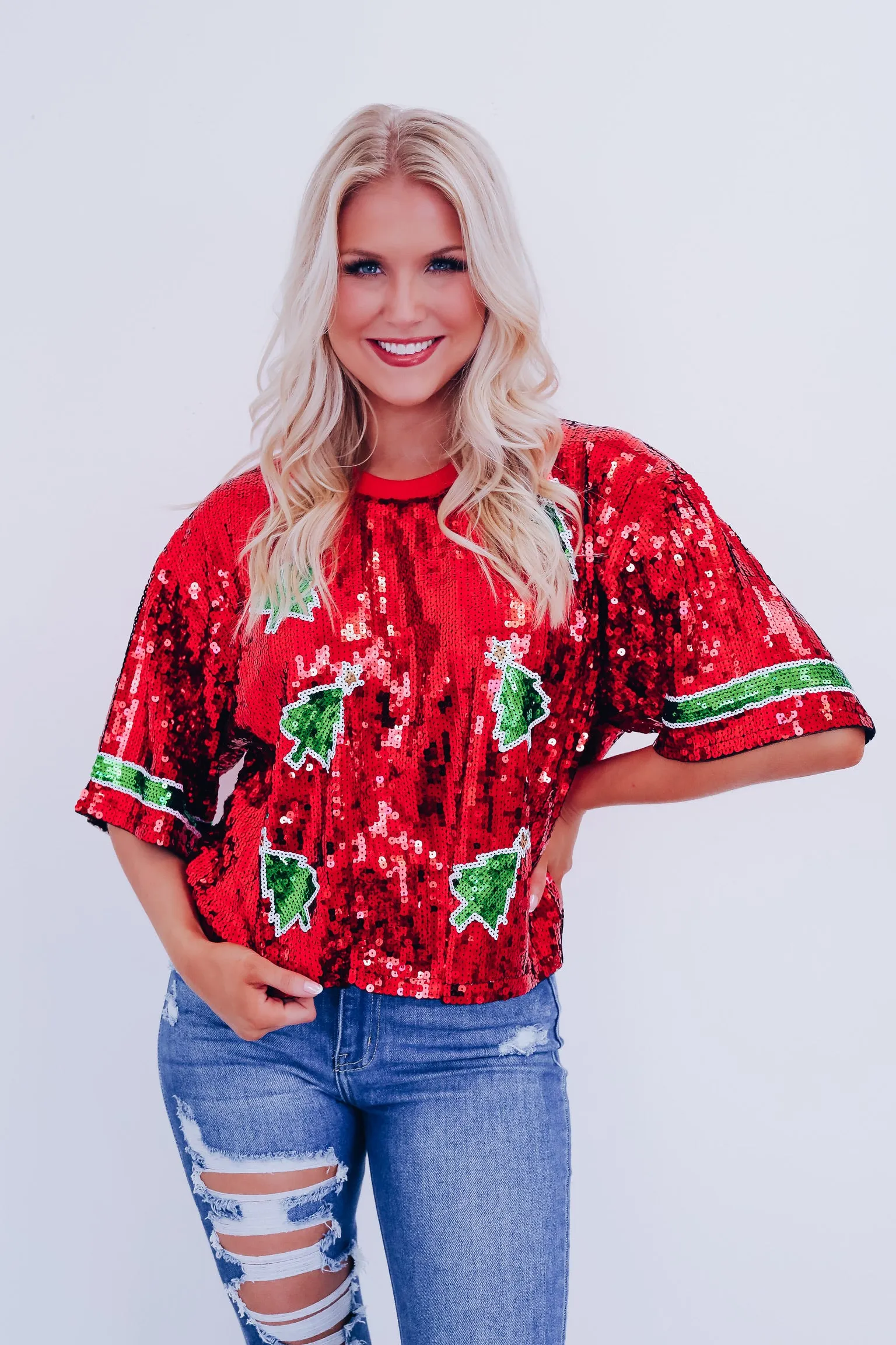 Glimmer Christmas Tree Sequin Crop Top - Red