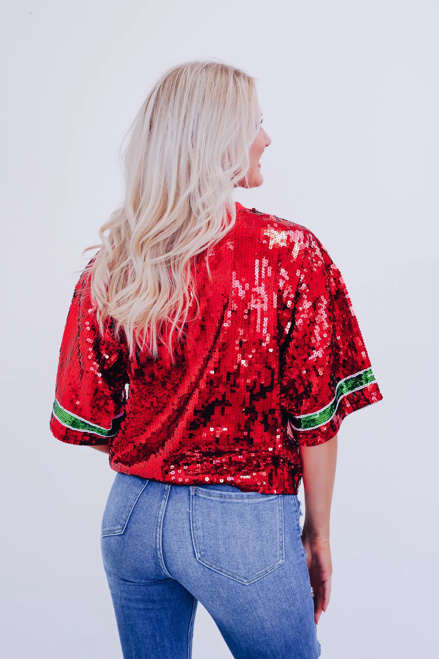 Glimmer Christmas Tree Sequin Crop Top - Red