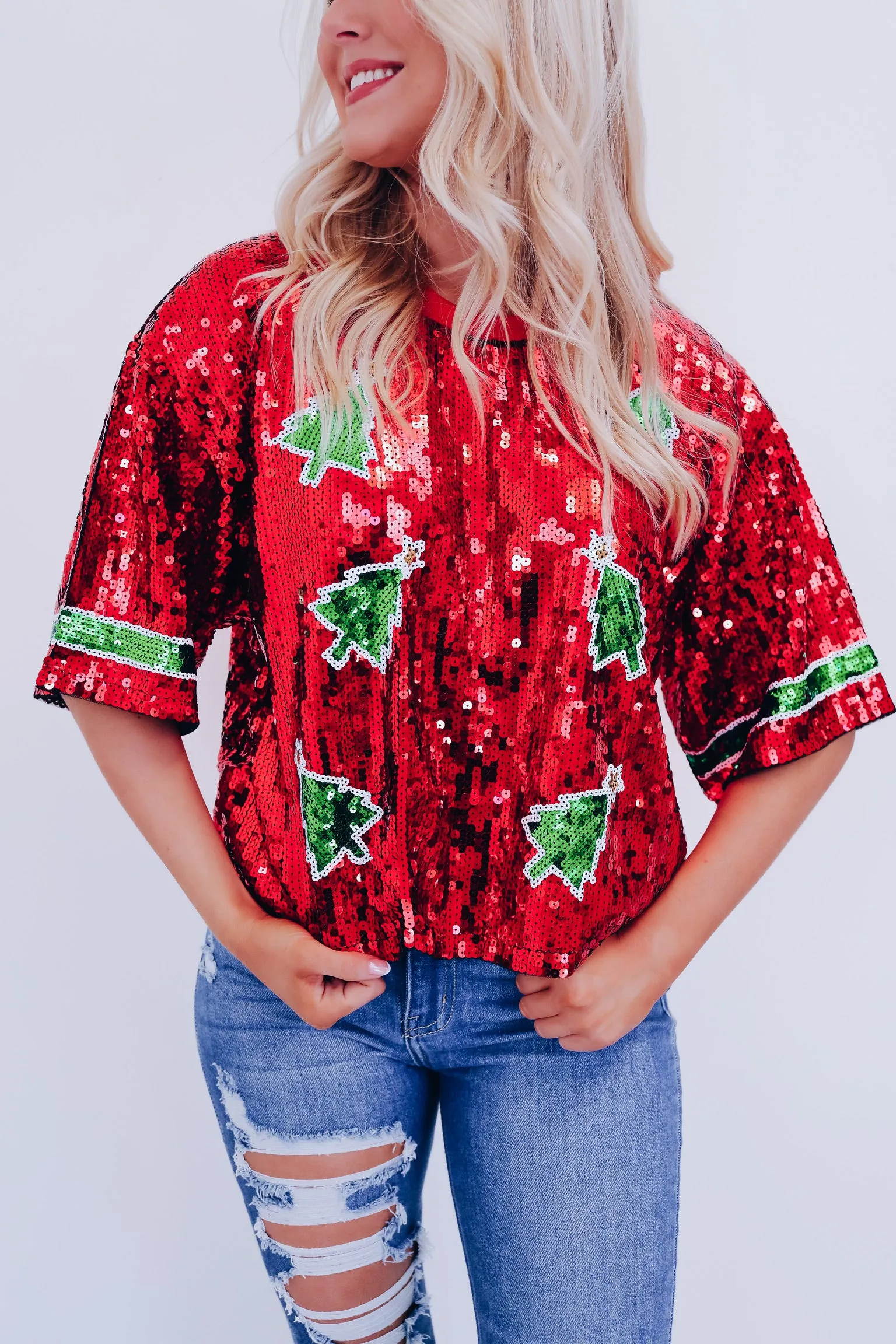Glimmer Christmas Tree Sequin Crop Top - Red