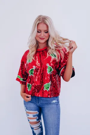 Glimmer Christmas Tree Sequin Crop Top - Red