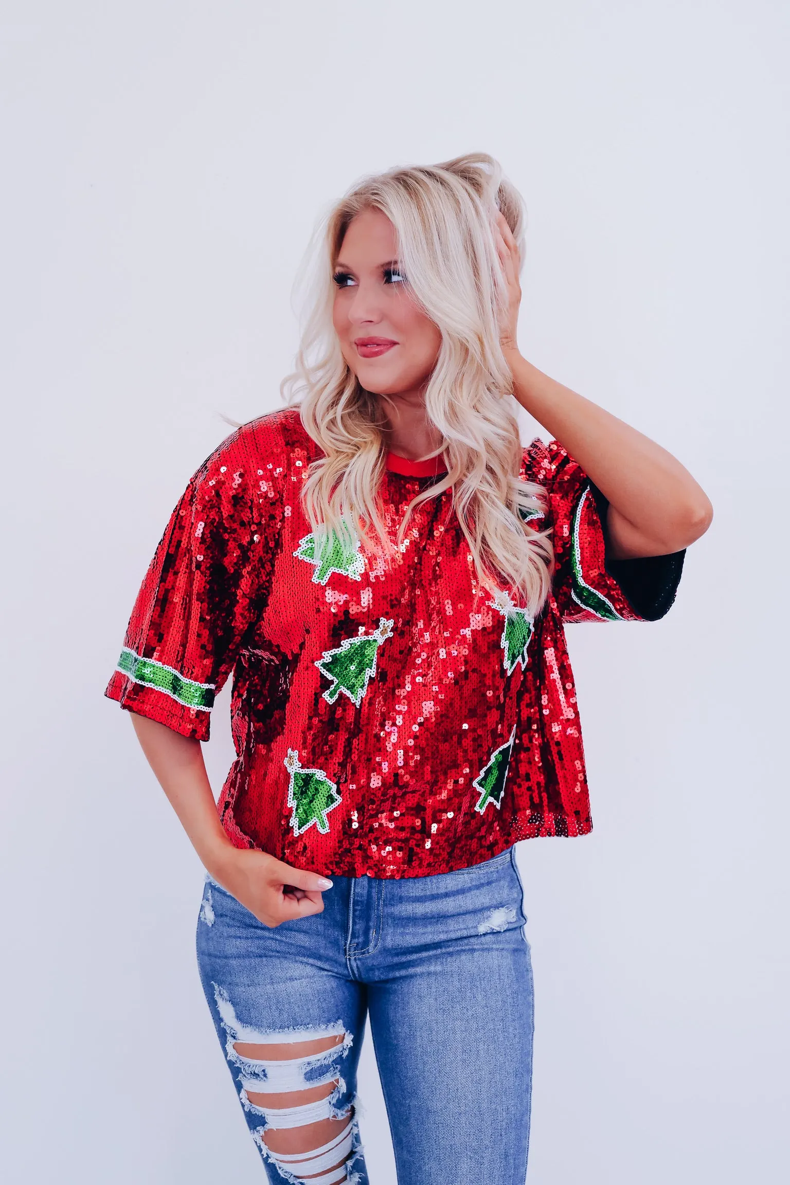 Glimmer Christmas Tree Sequin Crop Top - Red