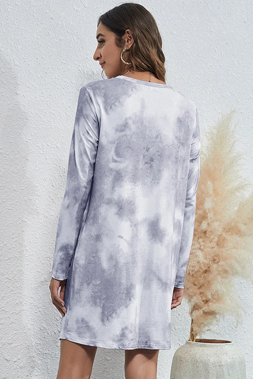 Gray Long Sleeve Tie-dye T Shirt Dress with Twist Hem