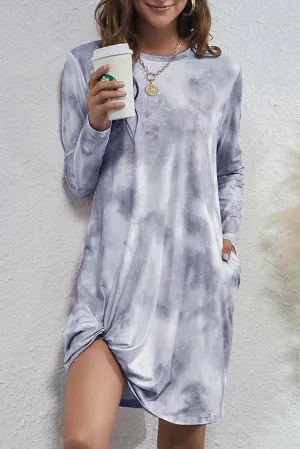 Gray Long Sleeve Tie-dye T Shirt Dress with Twist Hem