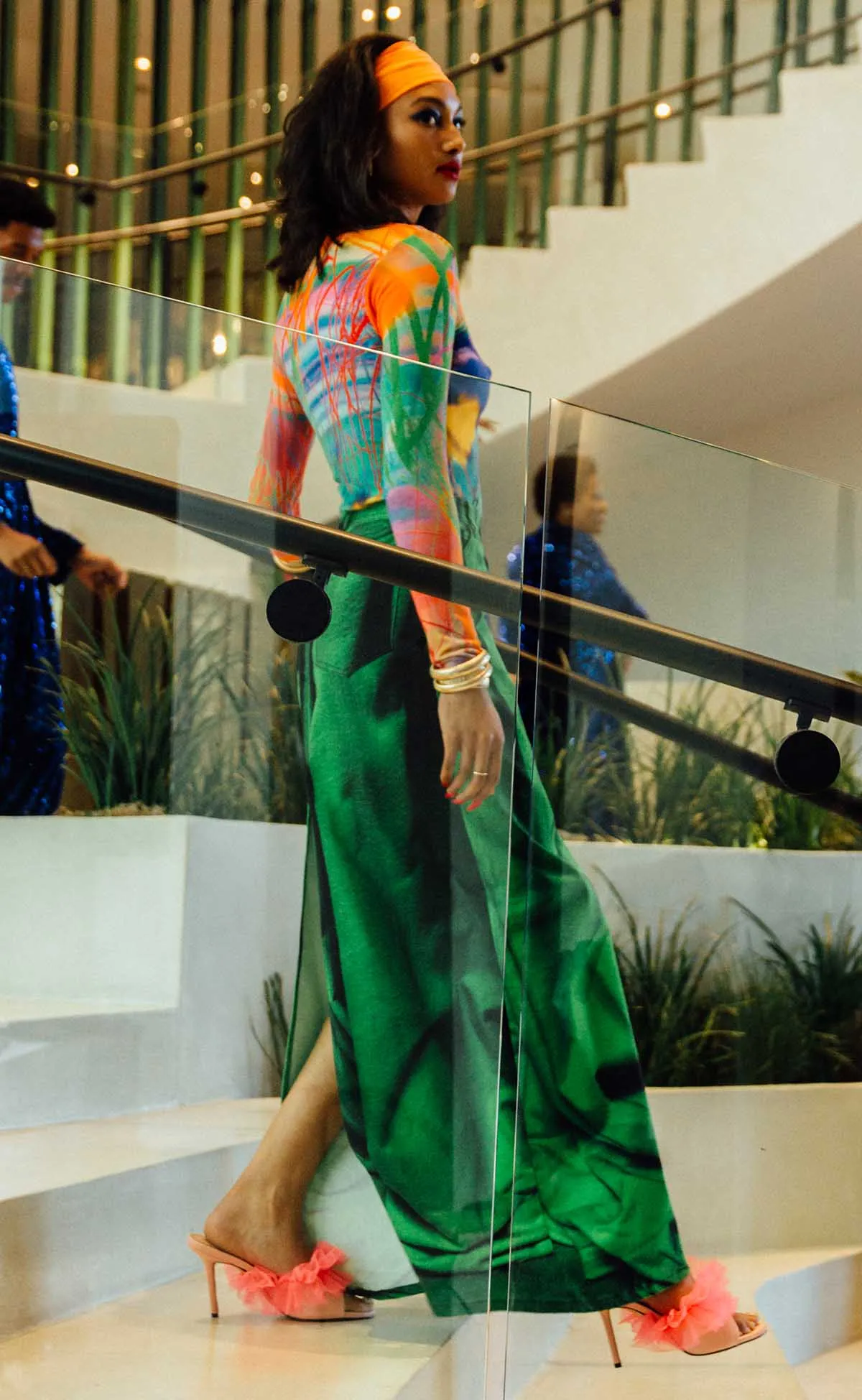 Green Column Denim High Waist Maxi Skirt