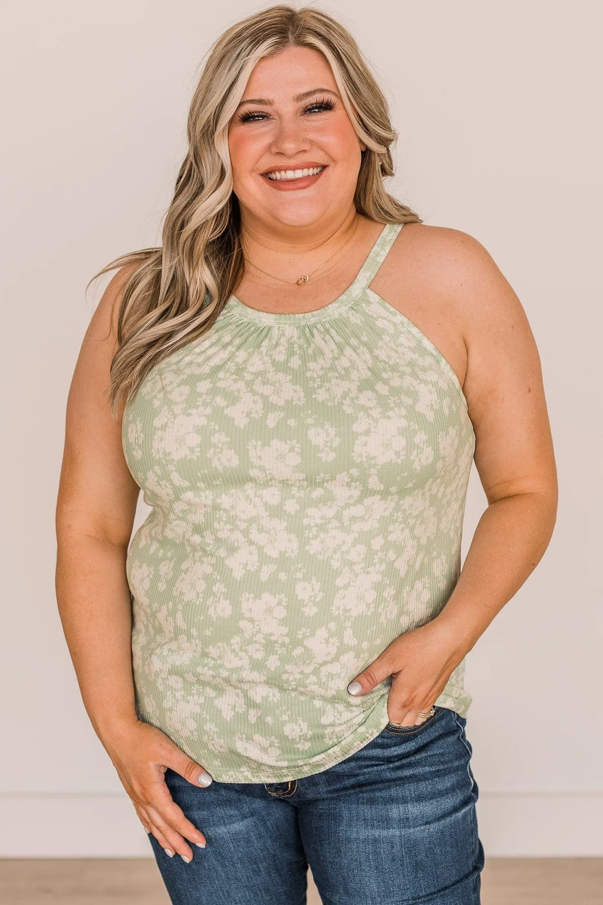 Happiest With You Floral Tank Top- Light Sage