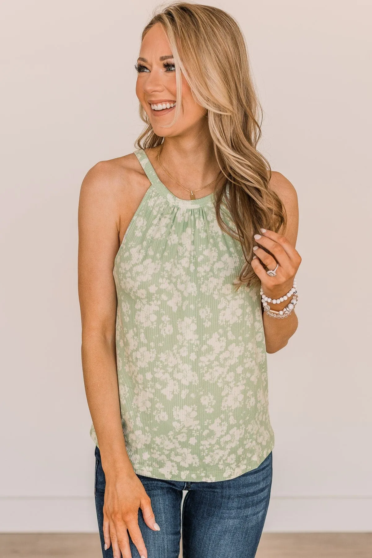 Happiest With You Floral Tank Top- Light Sage