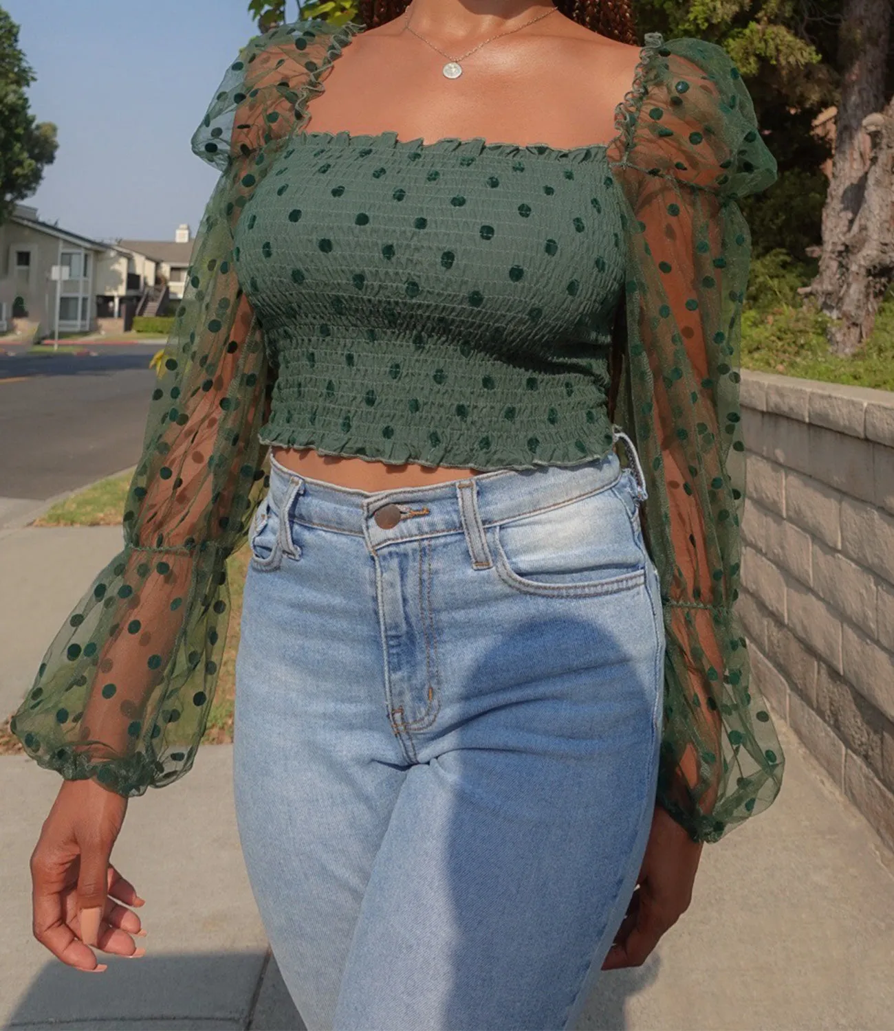 Holiday Dinner Mesh Sleeve Top(Emerald)