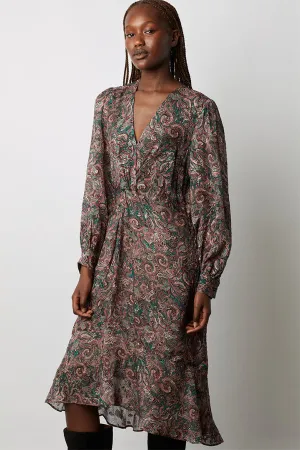 JAELYN PAISLEY PRINT LUREX THREAD MIDI DRESS