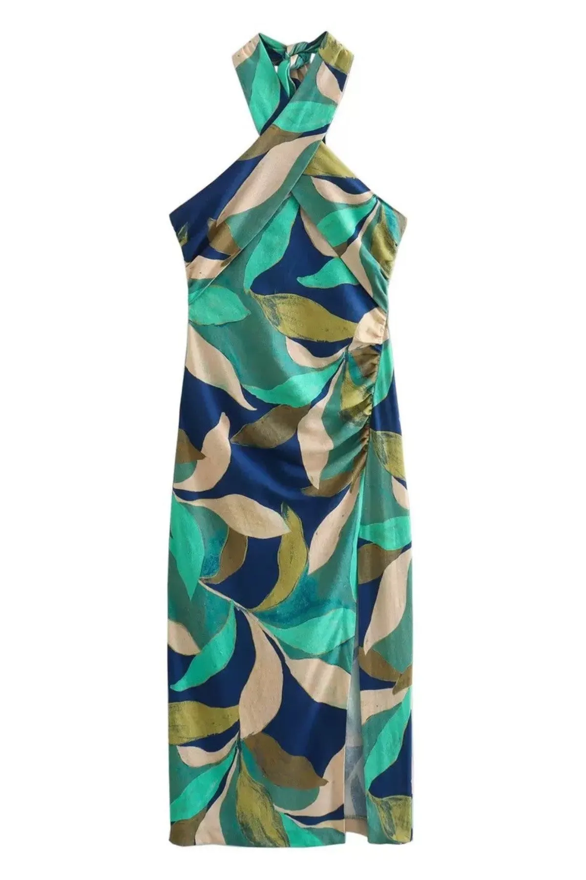 JOURNEE  2-Way Tied-Halter/Tube Midi Dress (Teal & Blue)