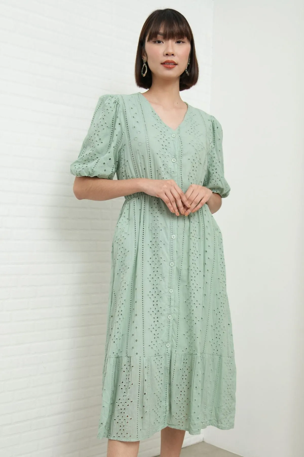 JURIA Puff-Sleeve Button-Down Broderie Dress (Sage Green)