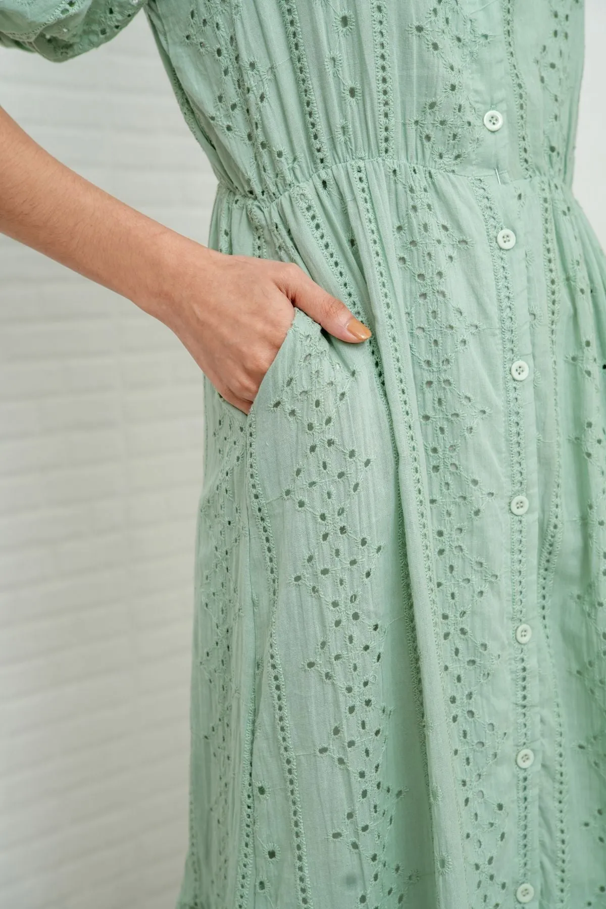 JURIA Puff-Sleeve Button-Down Broderie Dress (Sage Green)