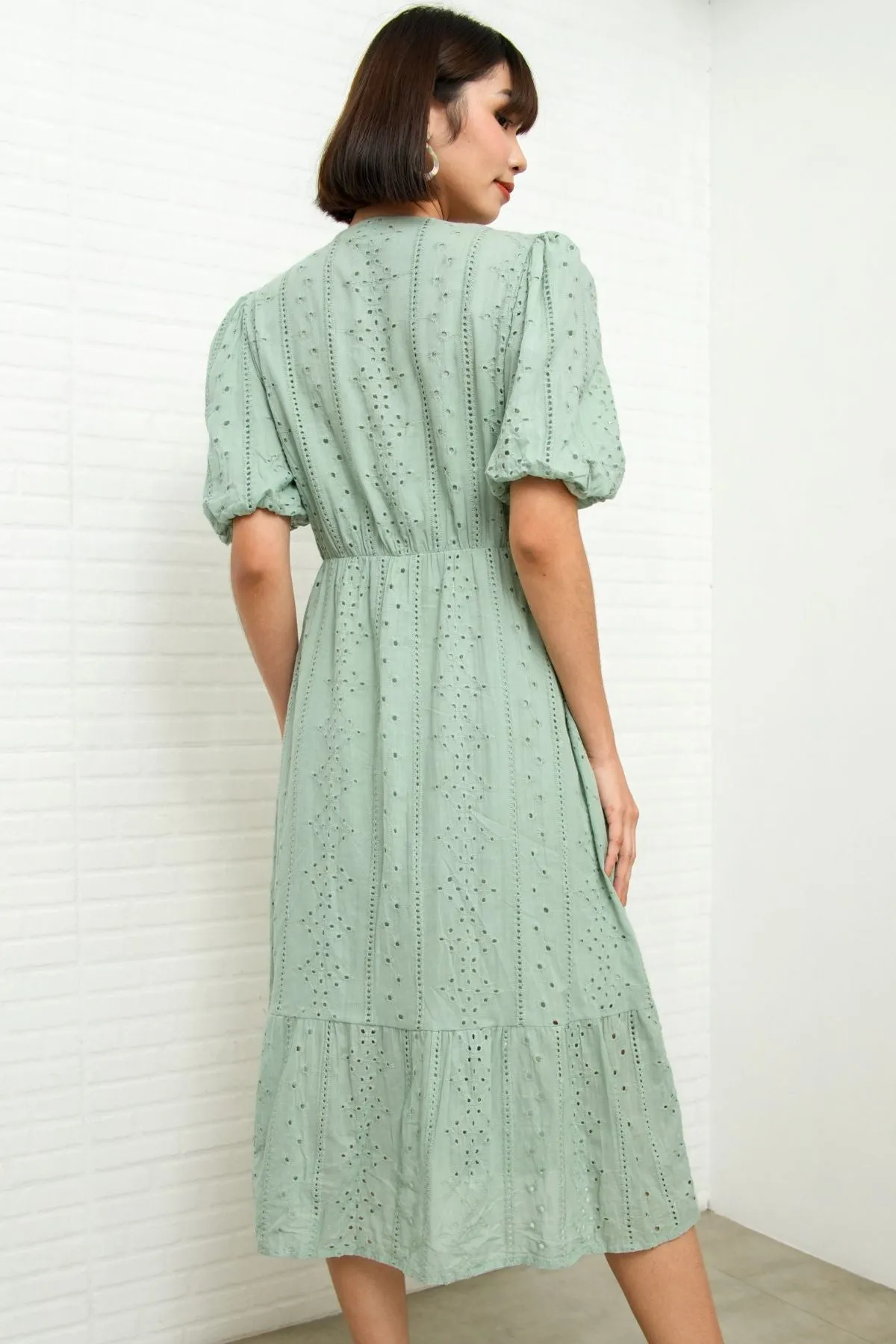 JURIA Puff-Sleeve Button-Down Broderie Dress (Sage Green)