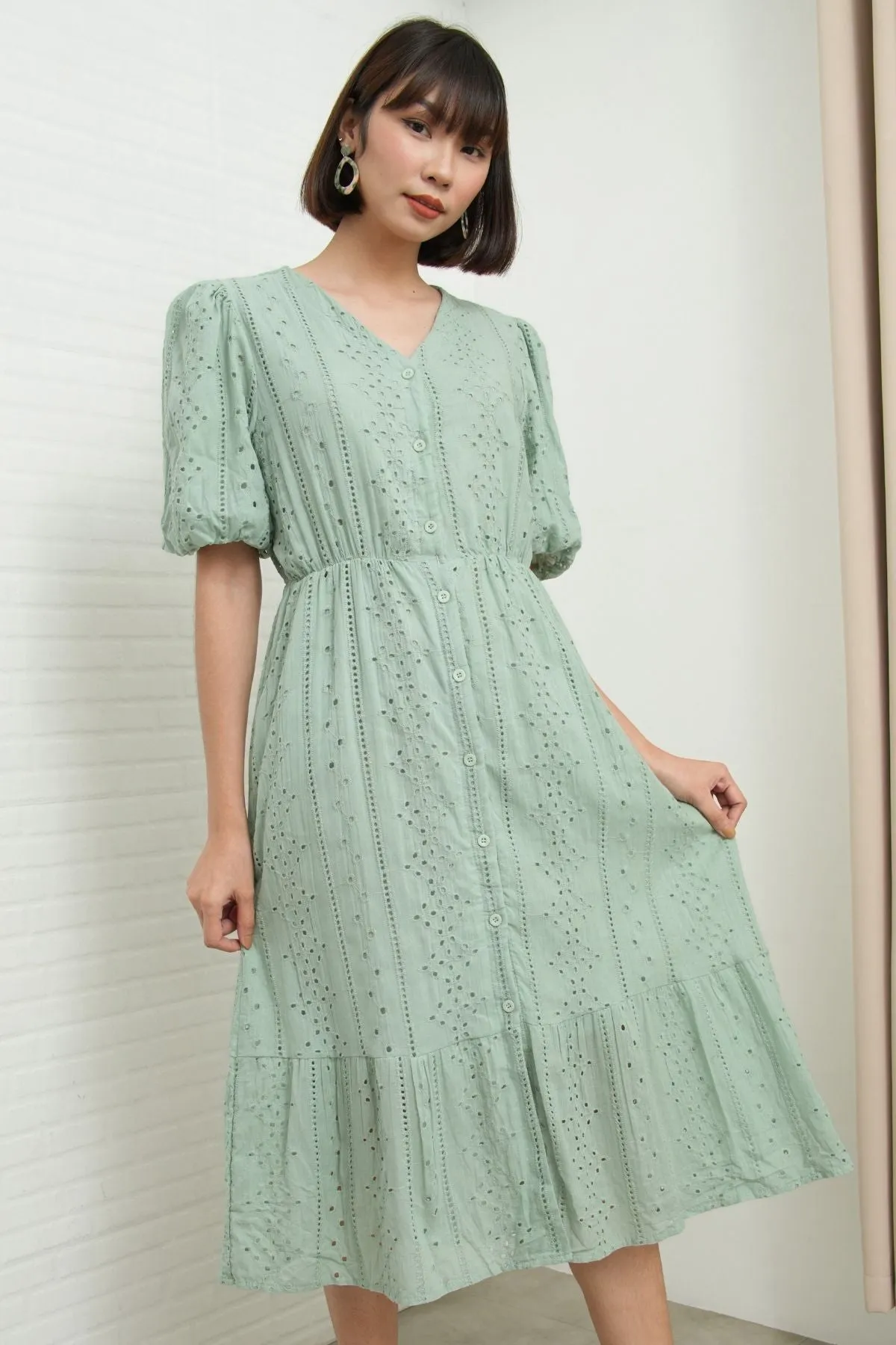 JURIA Puff-Sleeve Button-Down Broderie Dress (Sage Green)