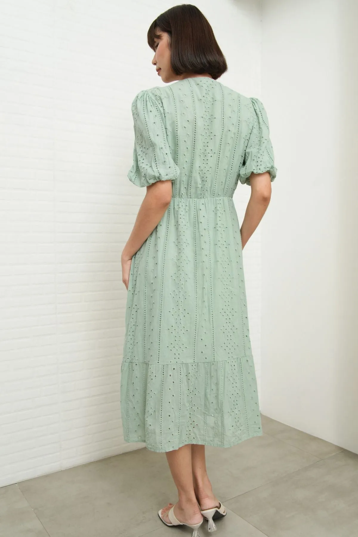 JURIA Puff-Sleeve Button-Down Broderie Dress (Sage Green)