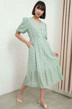 JURIA Puff-Sleeve Button-Down Broderie Dress (Sage Green)