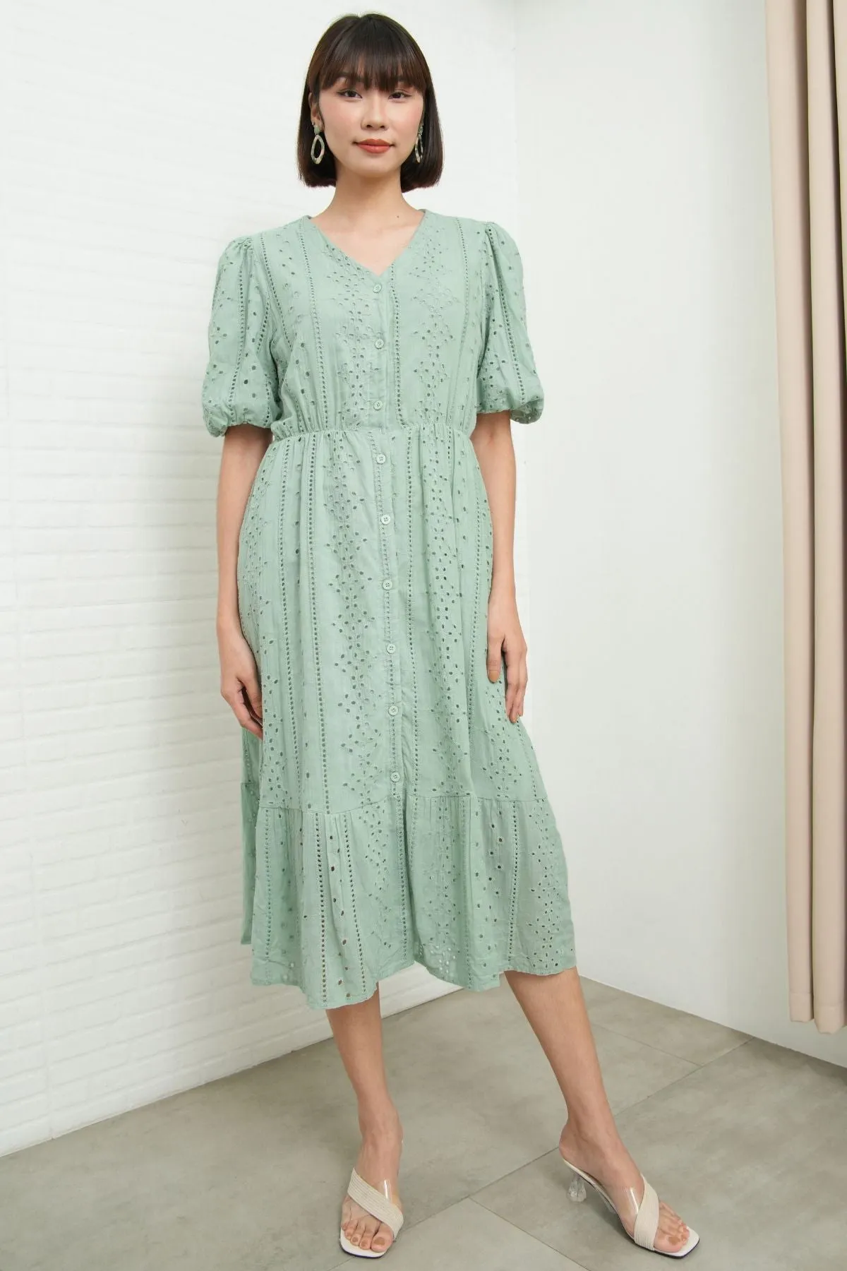 JURIA Puff-Sleeve Button-Down Broderie Dress (Sage Green)