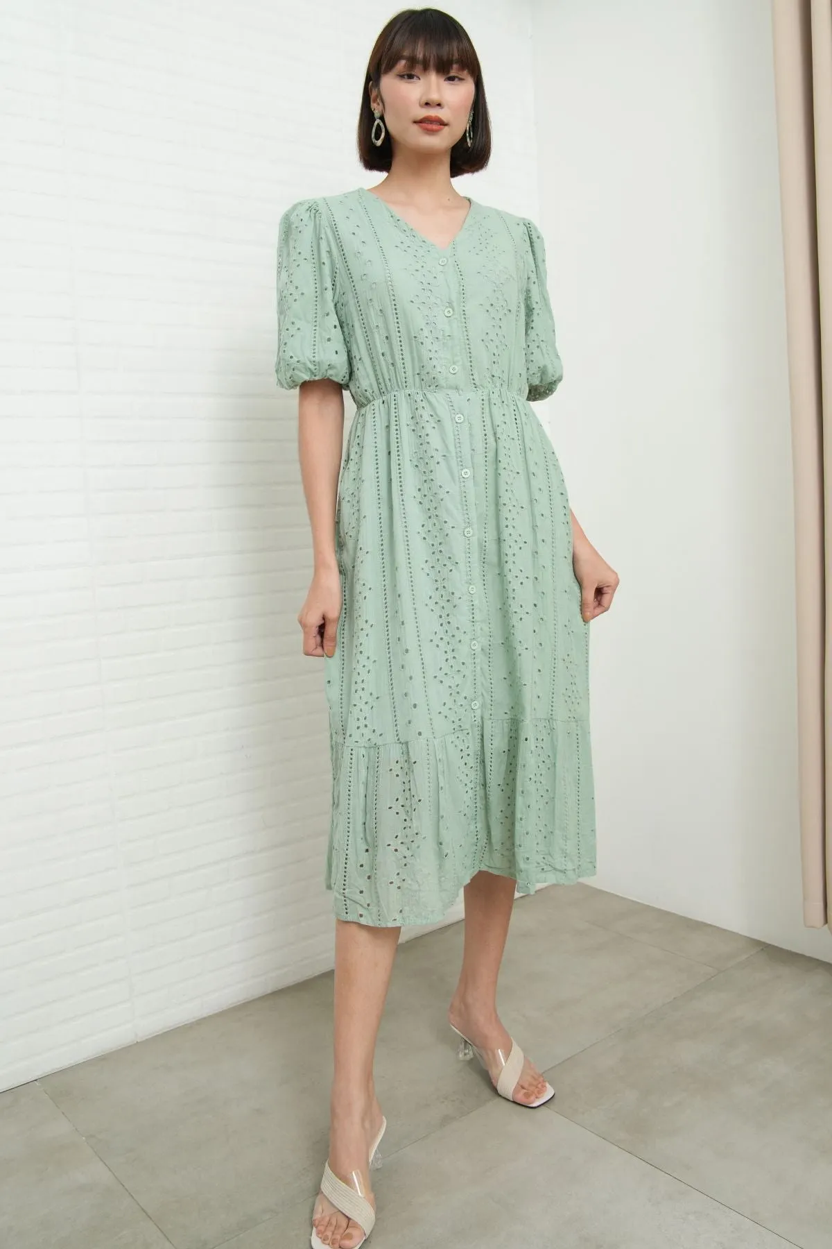 JURIA Puff-Sleeve Button-Down Broderie Dress (Sage Green)