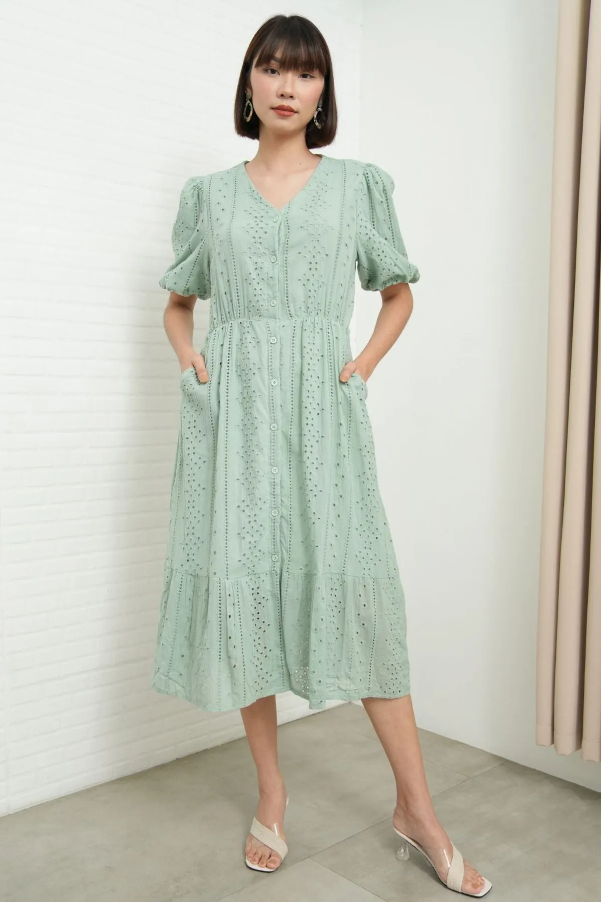 JURIA Puff-Sleeve Button-Down Broderie Dress (Sage Green)