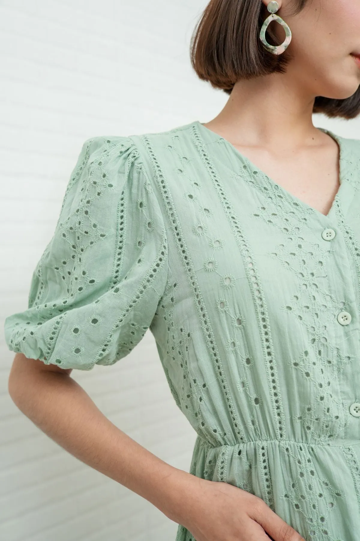 JURIA Puff-Sleeve Button-Down Broderie Dress (Sage Green)