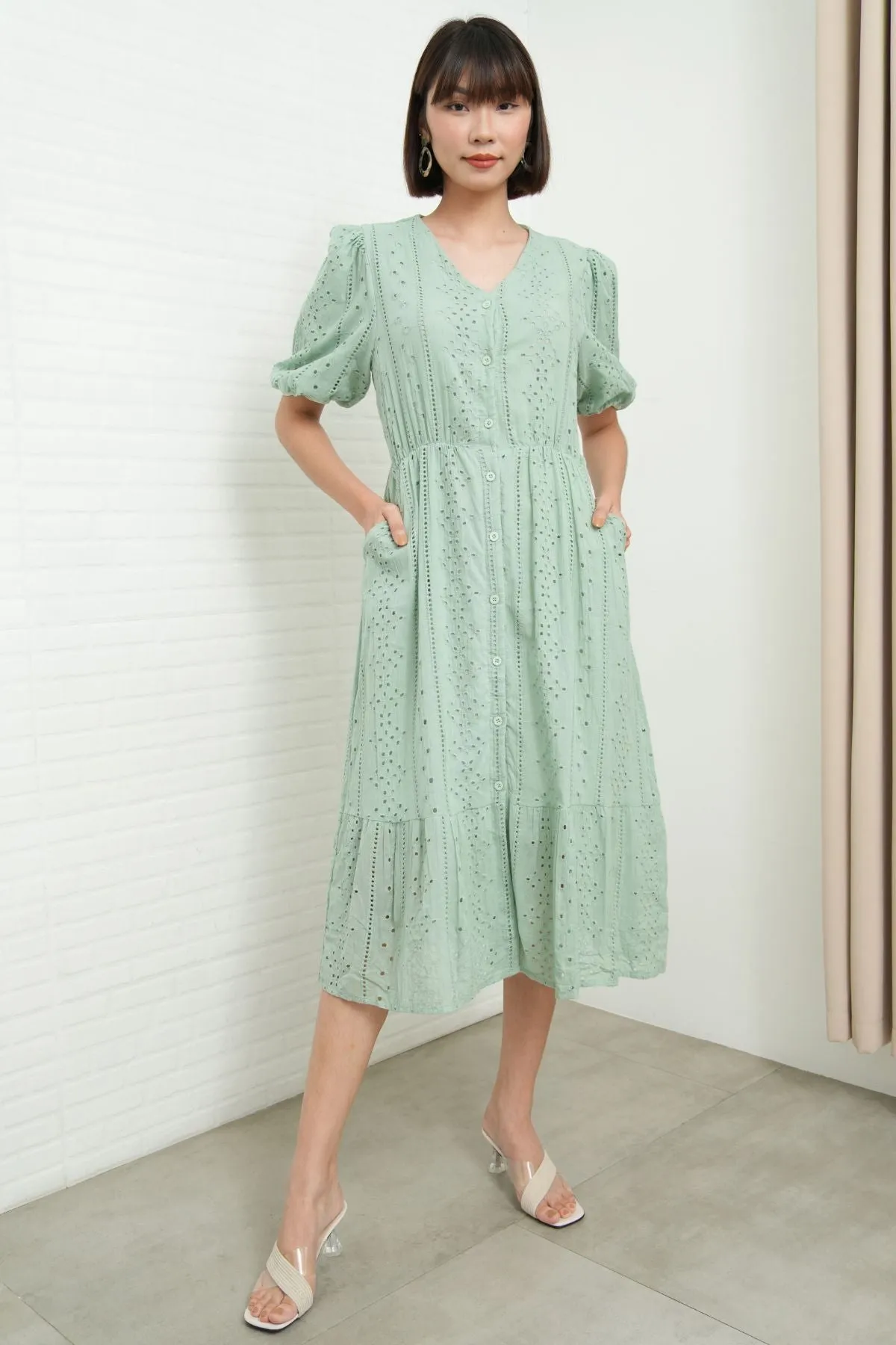 JURIA Puff-Sleeve Button-Down Broderie Dress (Sage Green)