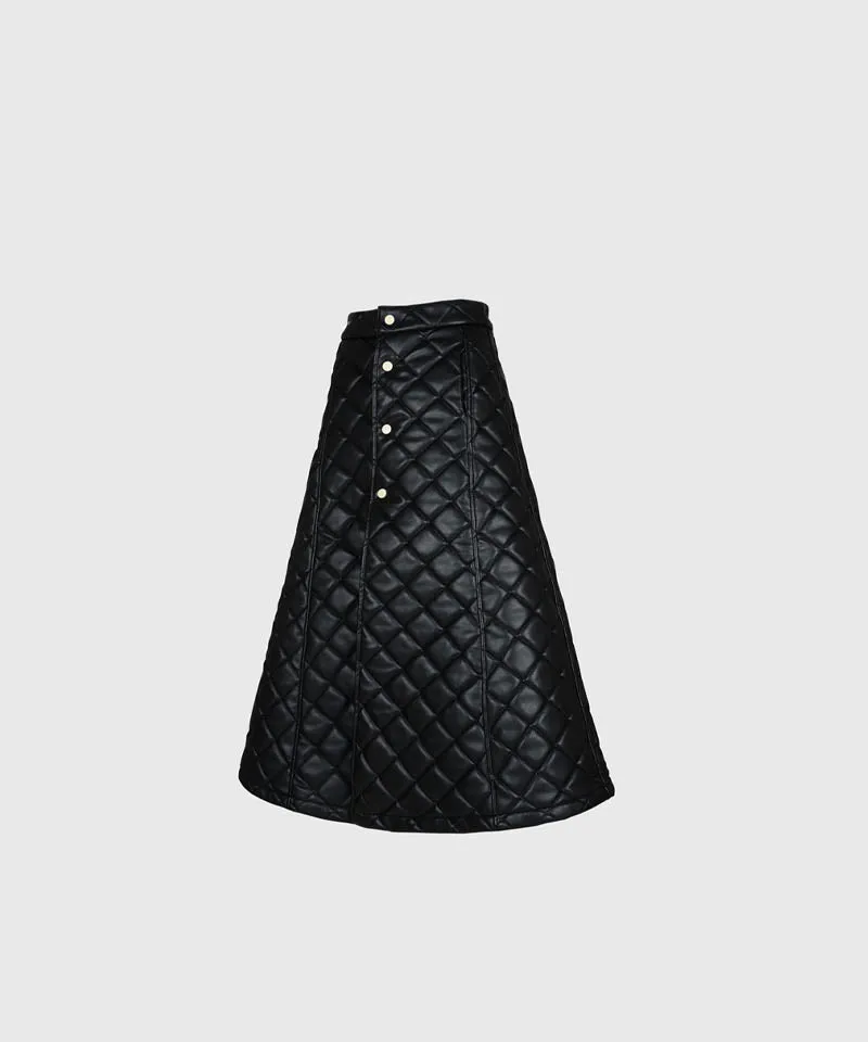 KANDINI Eco-leather Quilting Padded Long(Wrap) Skirt - Black