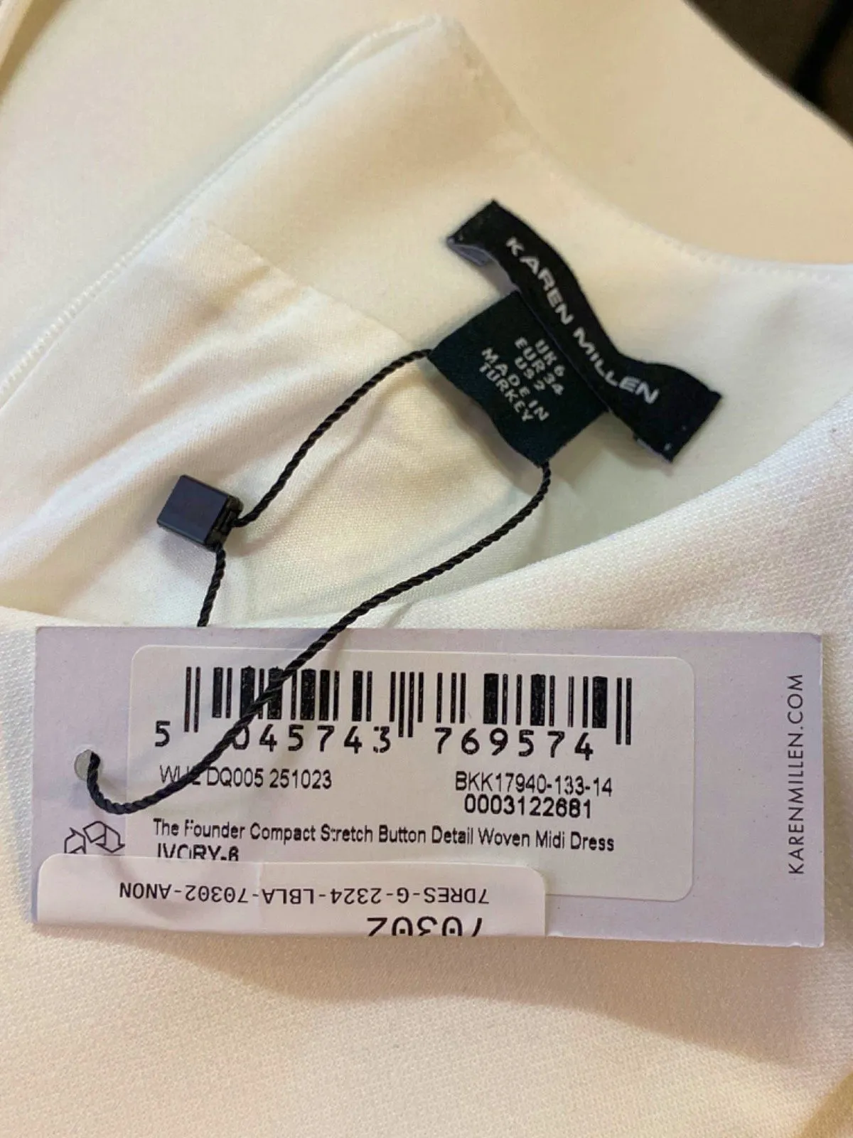 Karen Millen White The Founder Compact Stretch Button Detail Woven Midi Dress UK 6