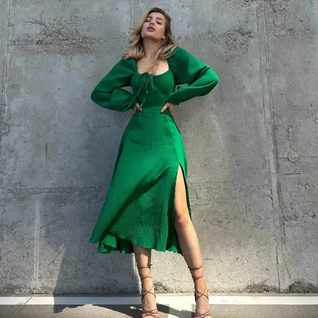 Lace-up Square Collar Sexy Midi Dress Autumn Lantern Sleeve Solid Cotton w/ Slit Robe Trendy Fashion Streetwear Long Dresses