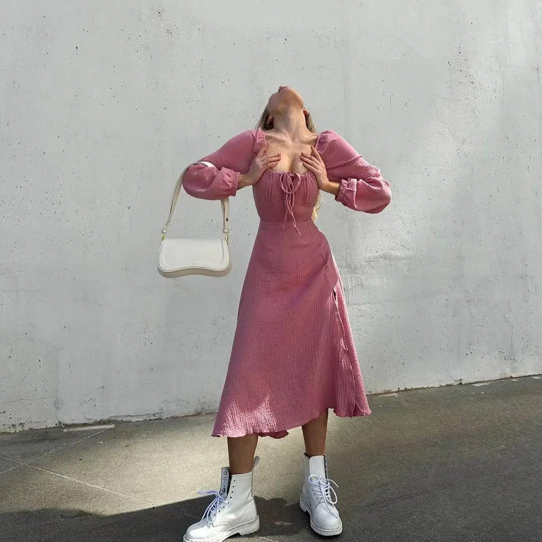 Lace-up Square Collar Sexy Midi Dress Autumn Lantern Sleeve Solid Cotton w/ Slit Robe Trendy Fashion Streetwear Long Dresses