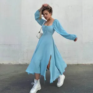 Lace-up Square Collar Sexy Midi Dress Autumn Lantern Sleeve Solid Cotton w/ Slit Robe Trendy Fashion Streetwear Long Dresses