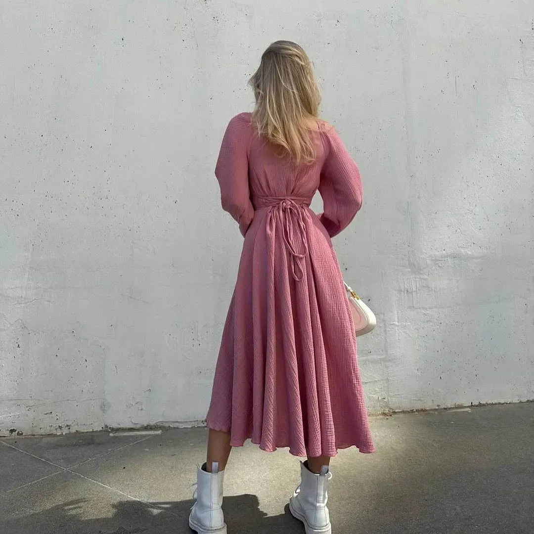 Lace-up Square Collar Sexy Midi Dress Autumn Lantern Sleeve Solid Cotton w/ Slit Robe Trendy Fashion Streetwear Long Dresses