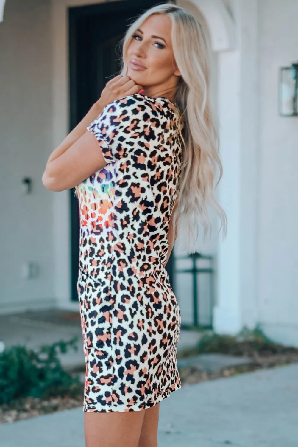 Leopard Reverse Tie Dye Rainbow Pocket Mini Dress