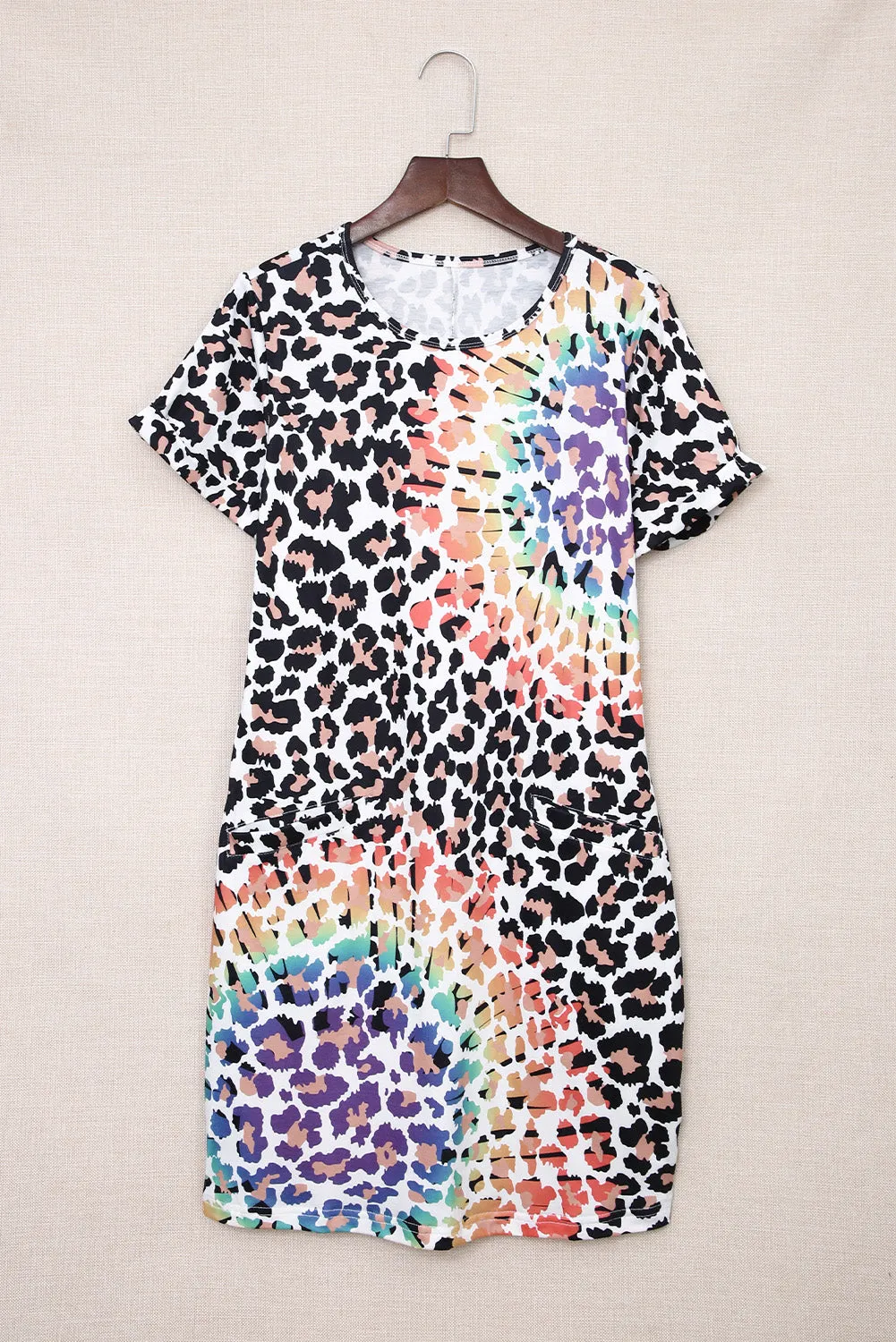Leopard Reverse Tie Dye Rainbow Pocket Mini Dress