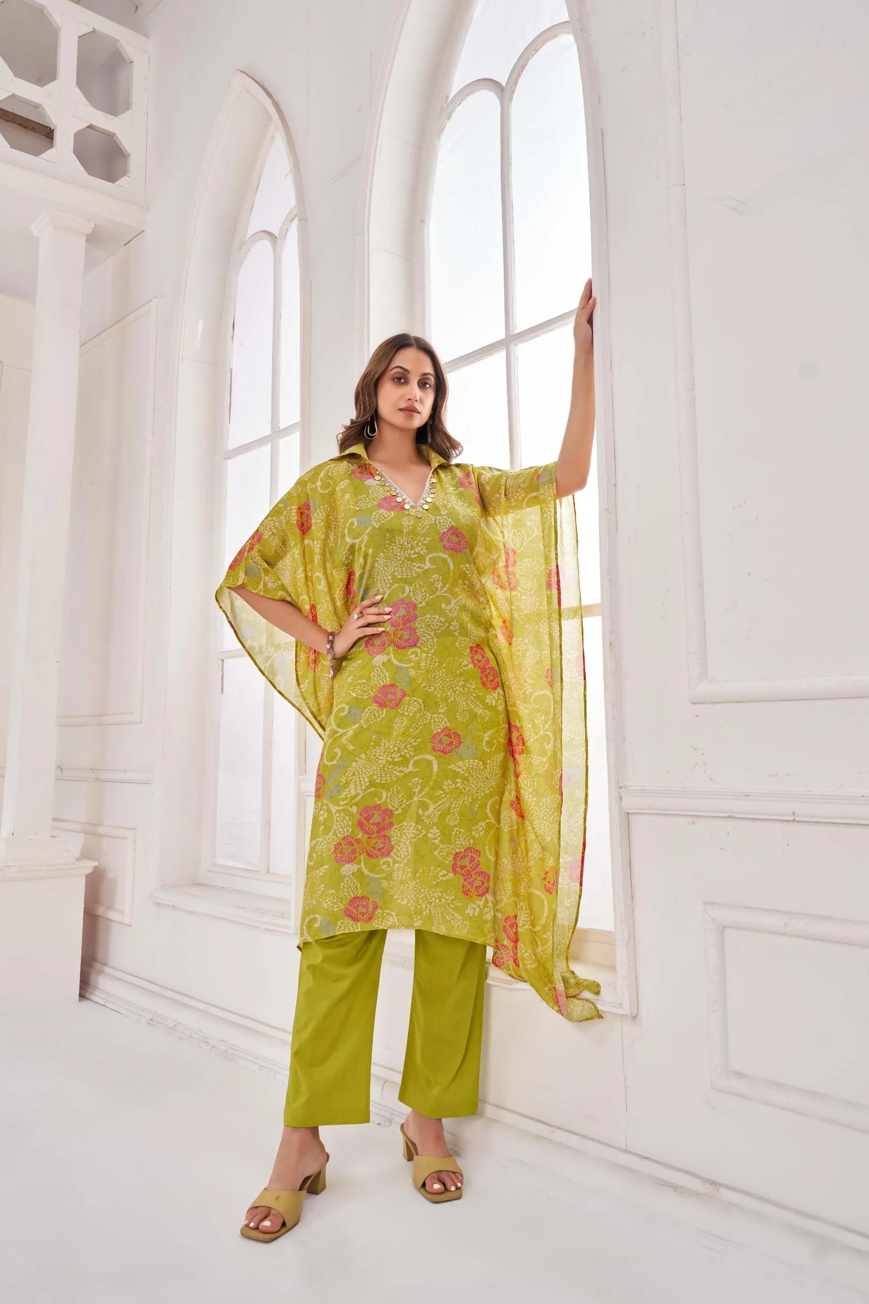 Lime Green Collared  Kaftan Kurta