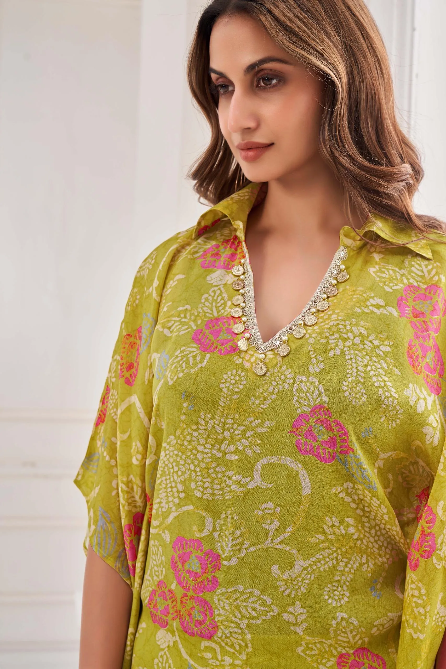 Lime Green Collared  Kaftan Kurta