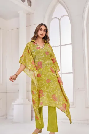 Lime Green Collared  Kaftan Kurta