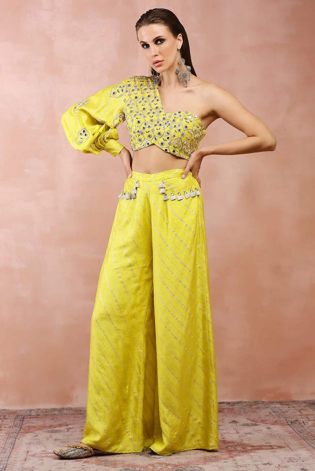 LIME GREEN EMBROIDERED ONE SHOULDER TOP AND PALAZZO