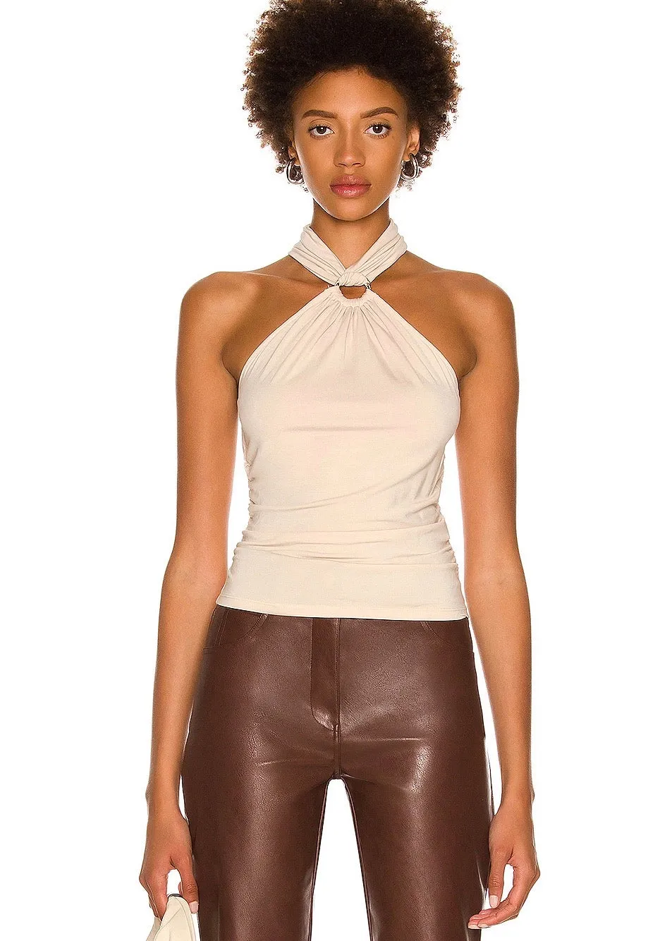 Lindsey Matte Jersey Halter Keyhole Tank Top (Shell)