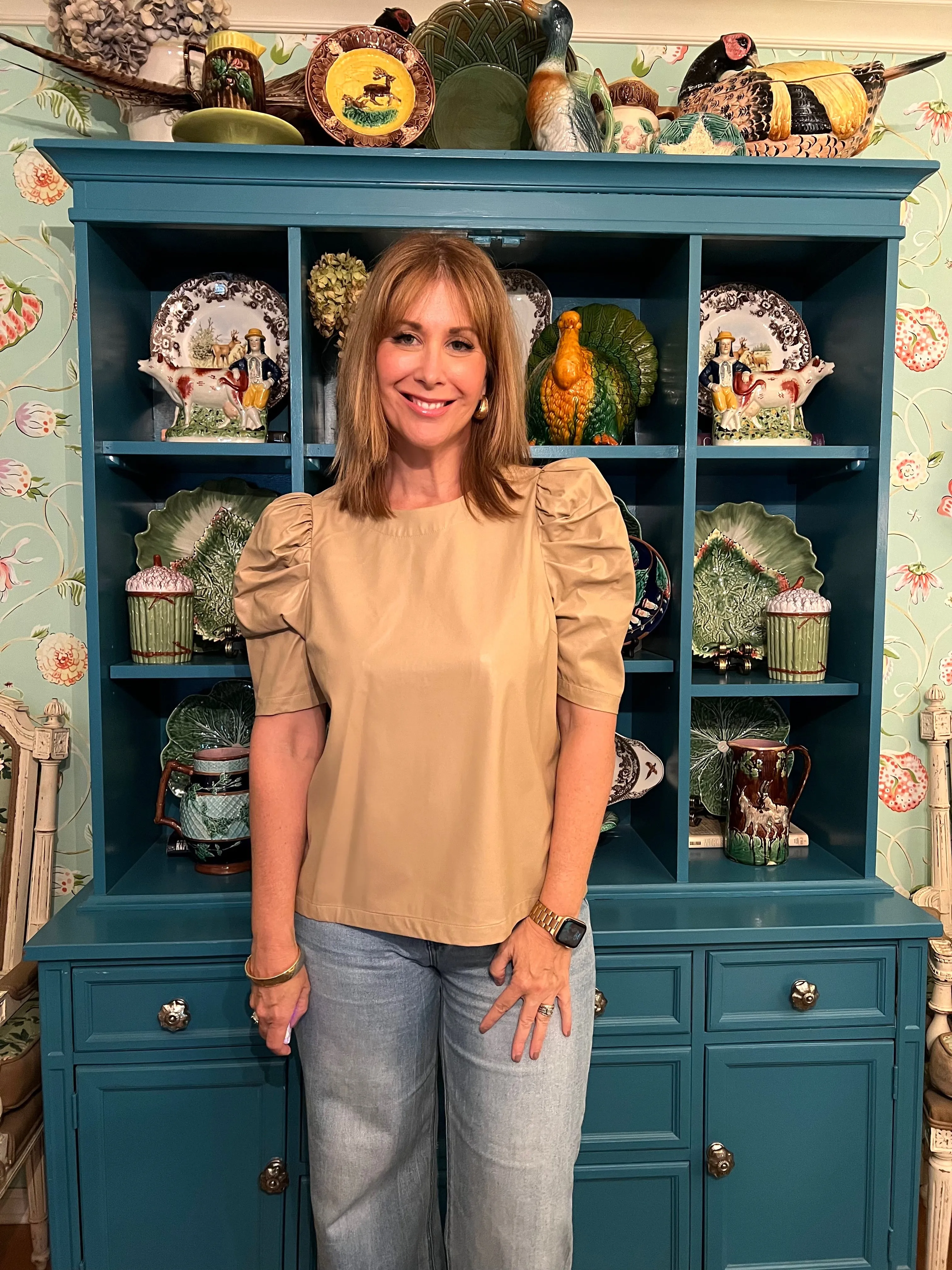 Lolo Vegan Leather Puff Sleeve Top in Taupe