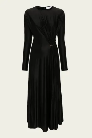 Long-Sleeve Gathered Midi Dress in Black
