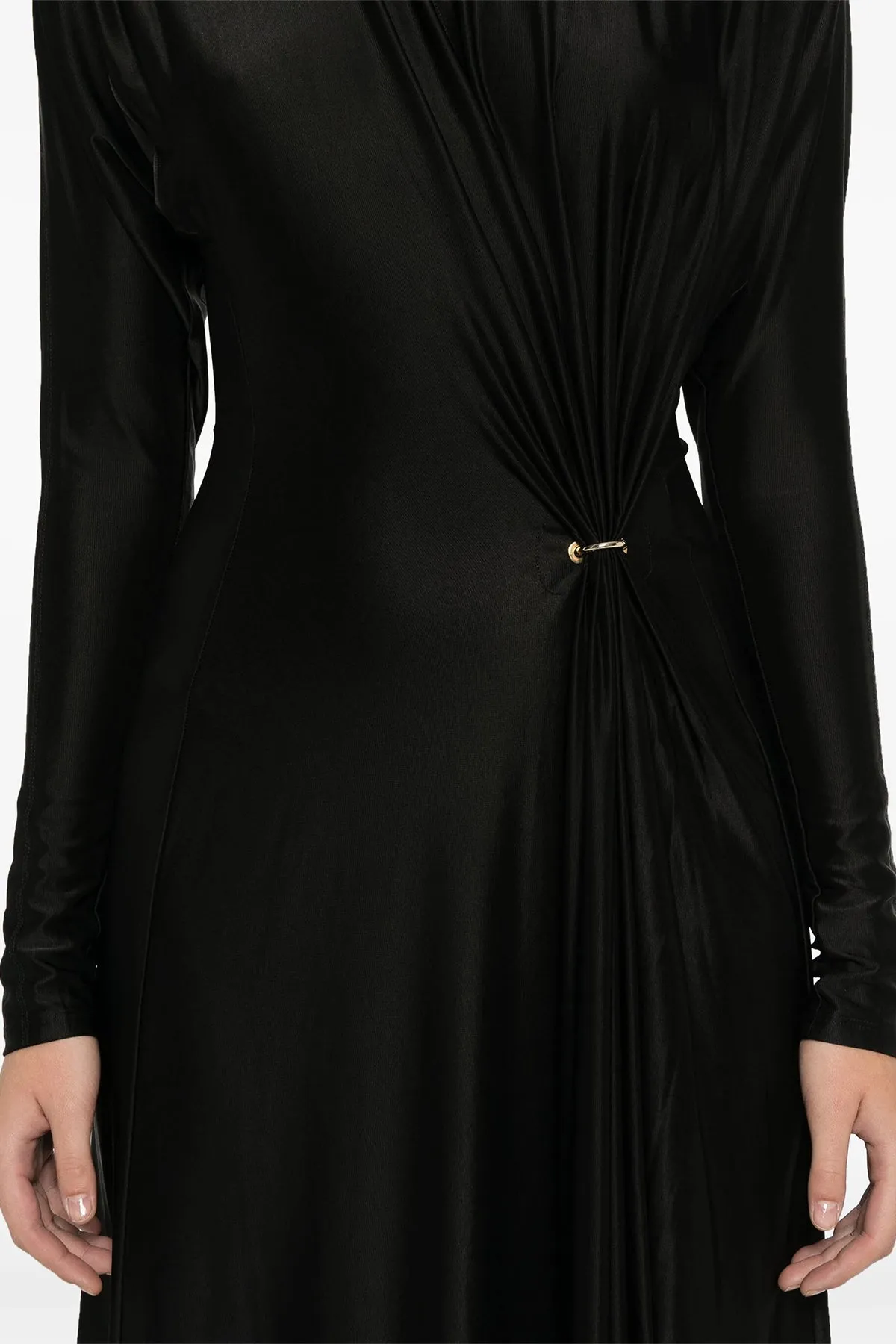 Long-Sleeve Gathered Midi Dress in Black
