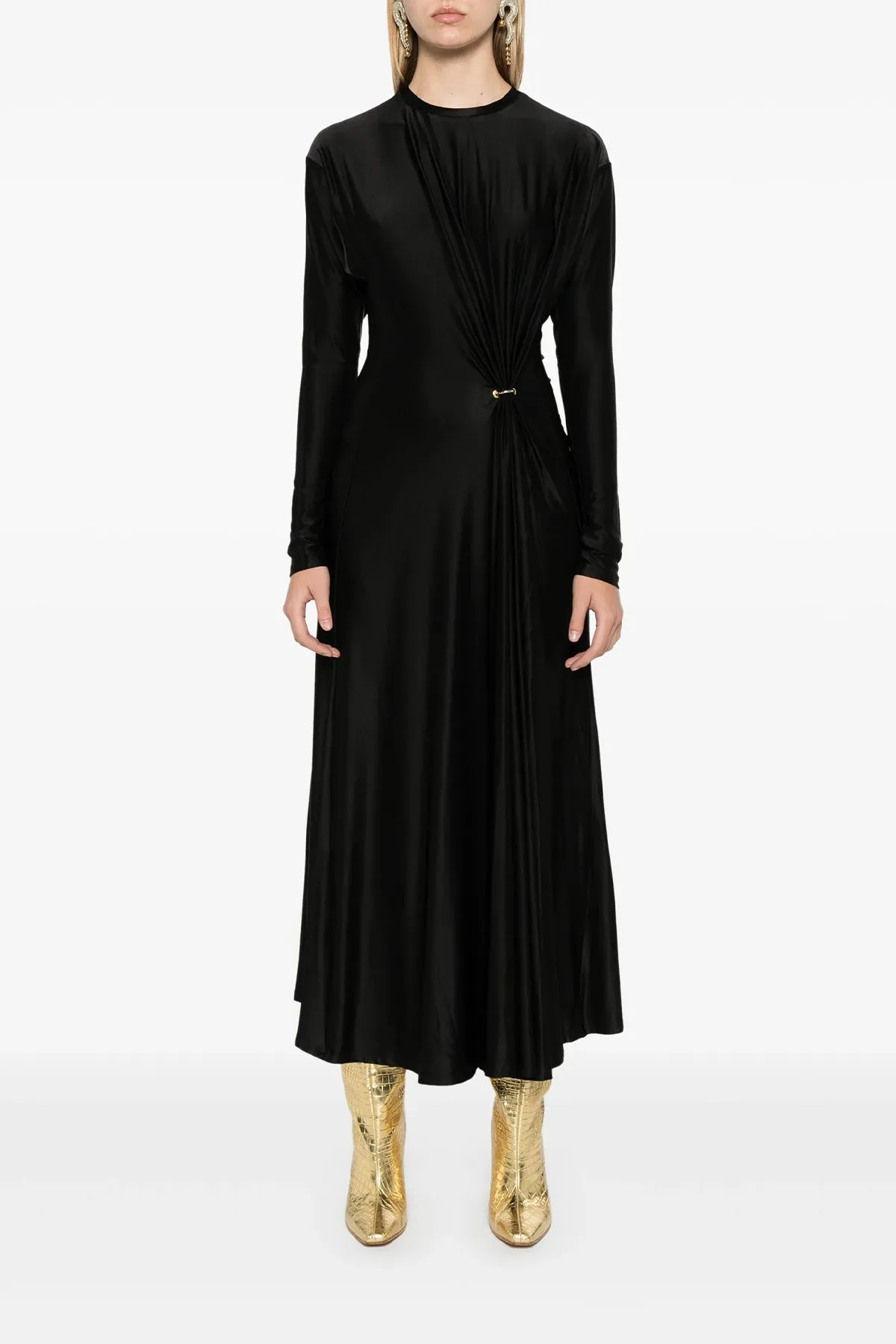 Long-Sleeve Gathered Midi Dress in Black