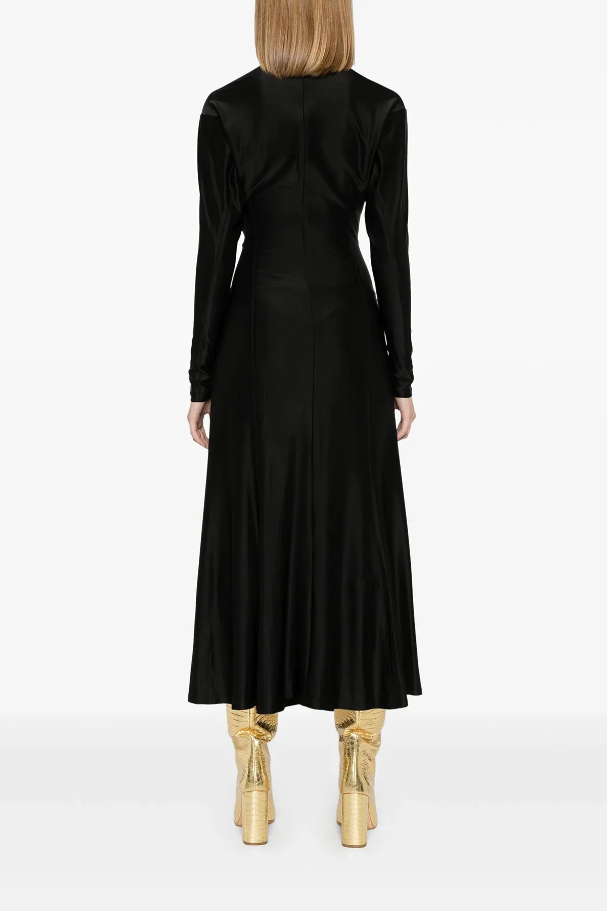 Long-Sleeve Gathered Midi Dress in Black